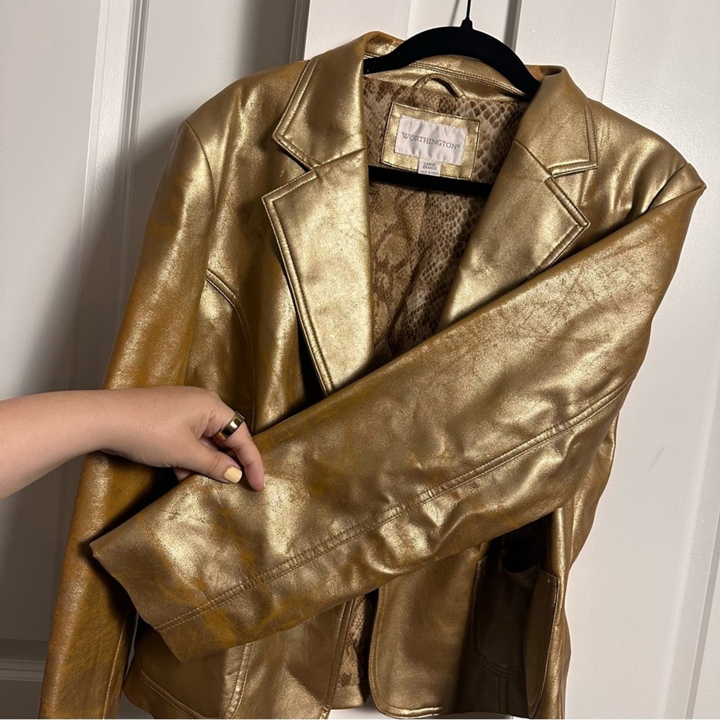 Worthington (L) Y2K Gold Metallic Blazer Jacket - Faux Leather Statement Piece!