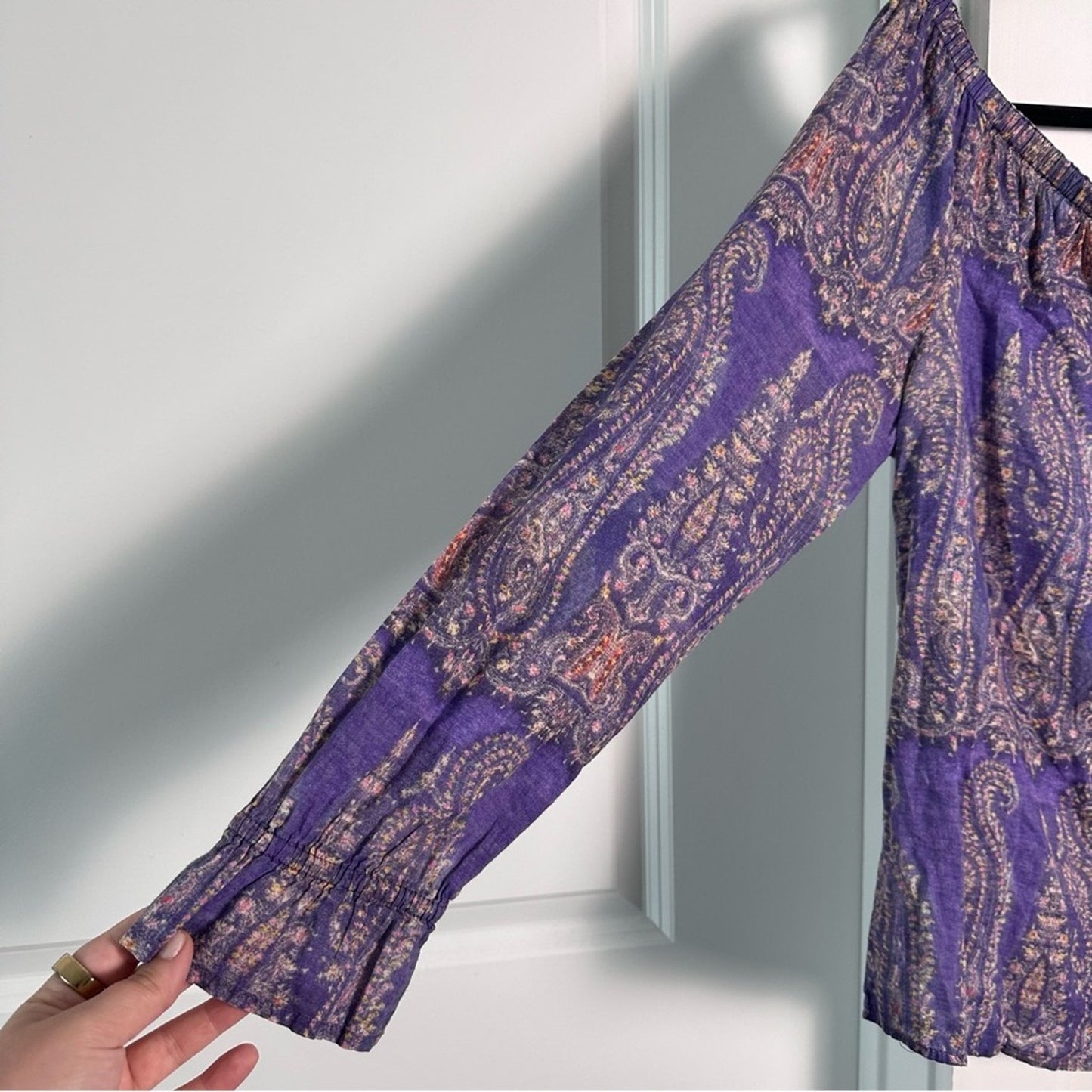 Sundance (S) Off the Shoulder Paisley Purple Bohemian Top with Dolman Sleeves