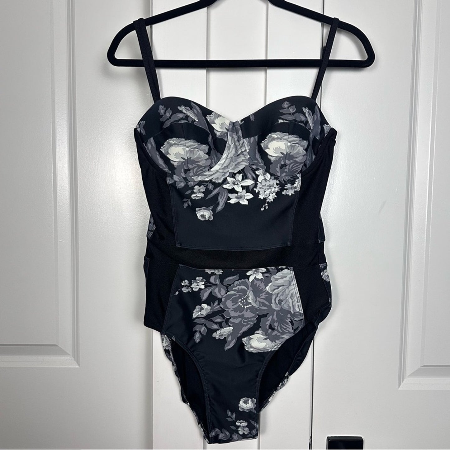Albion (Small, Large Cups) One Piece Black/White Floral Swimsuit - Busty, Modest