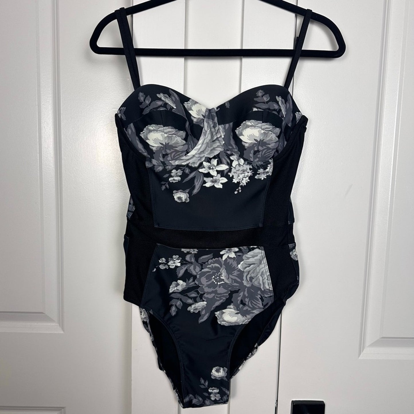 Albion (Small, Large Cups) One Piece Black/White Floral Swimsuit - Busty, Modest