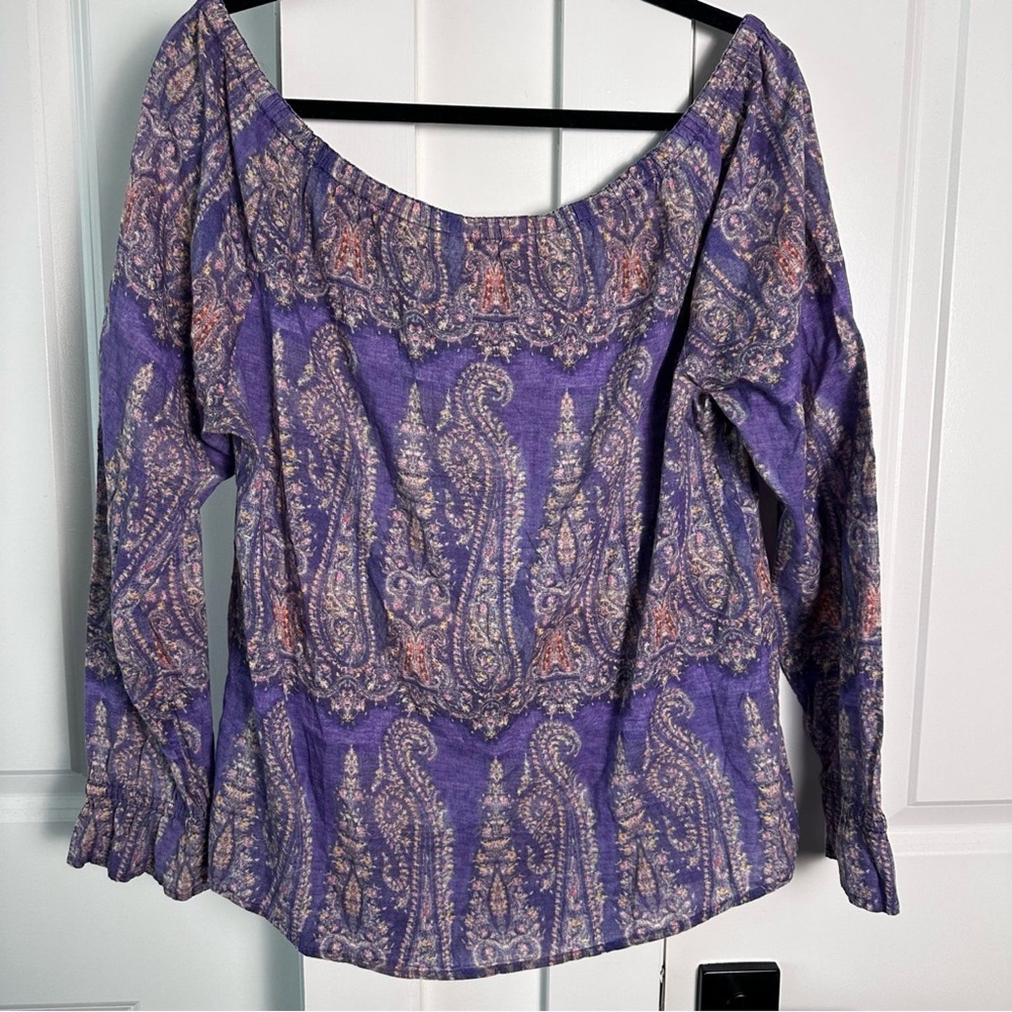 Sundance (S) Off the Shoulder Paisley Purple Bohemian Top with Dolman Sleeves
