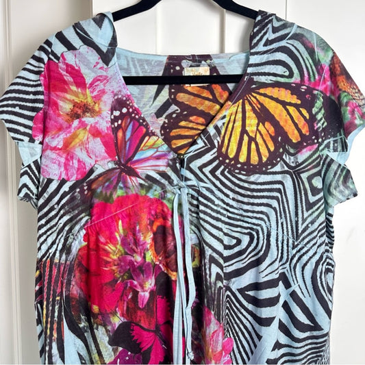 Unity Beach (L) Hooded Y2K Desigual Style Coverup Dress w Hood - Zebra Butterfly