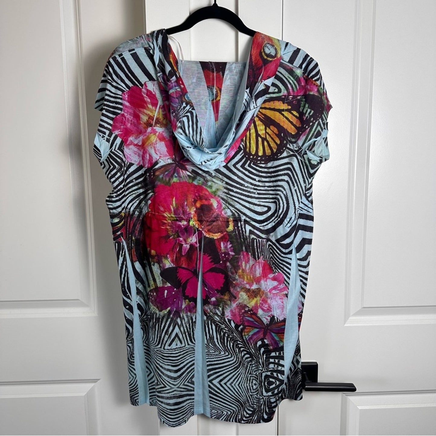 Unity Beach (L) Hooded Y2K Desigual Style Coverup Dress w Hood - Zebra Butterfly
