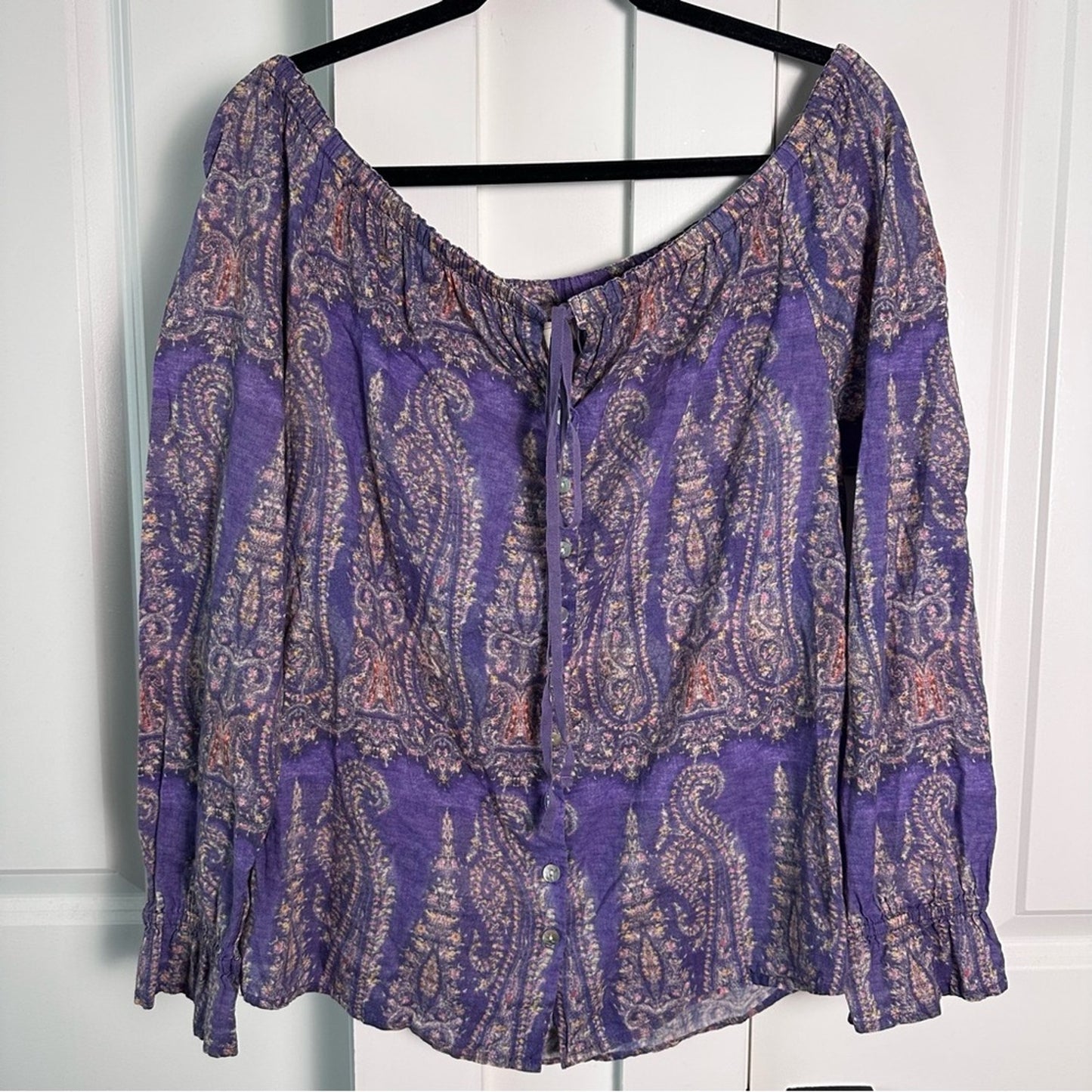 Sundance (S) Off the Shoulder Paisley Purple Bohemian Top with Dolman Sleeves
