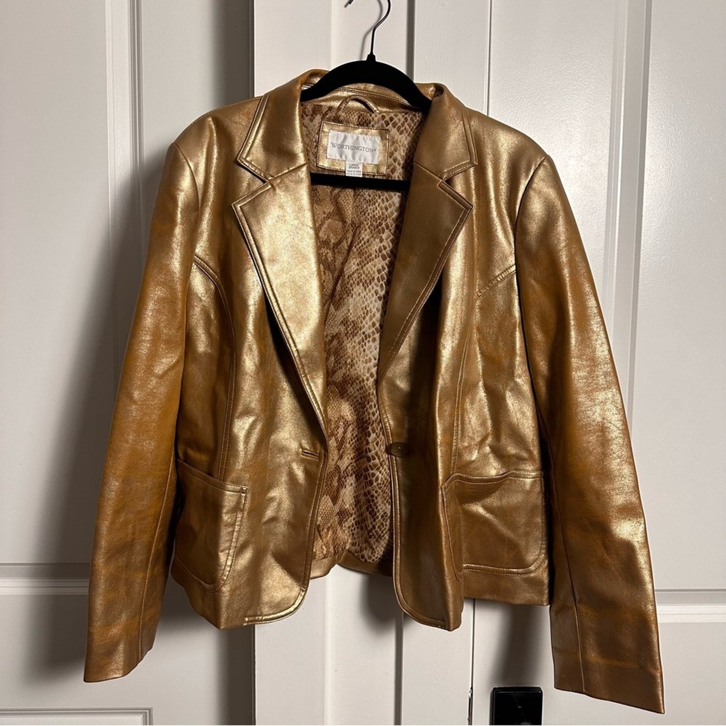 Worthington (L) Y2K Gold Metallic Blazer Jacket - Faux Leather Statement Piece!