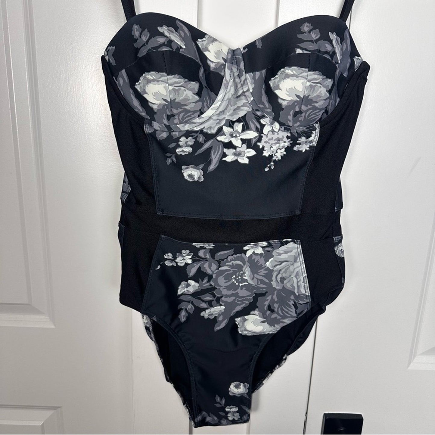 Albion (Small, Large Cups) One Piece Black/White Floral Swimsuit - Busty, Modest