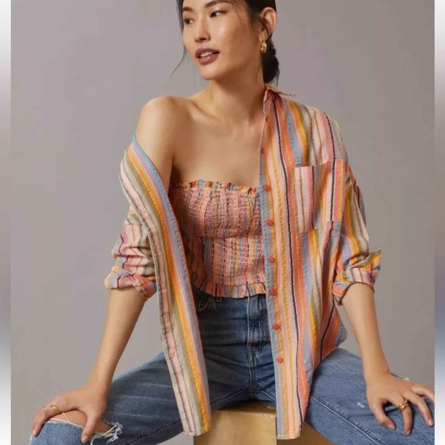 Anthropologie Pilcro Boyfriend Fit Button Up - Multicolor, Striped Metallic XS-S