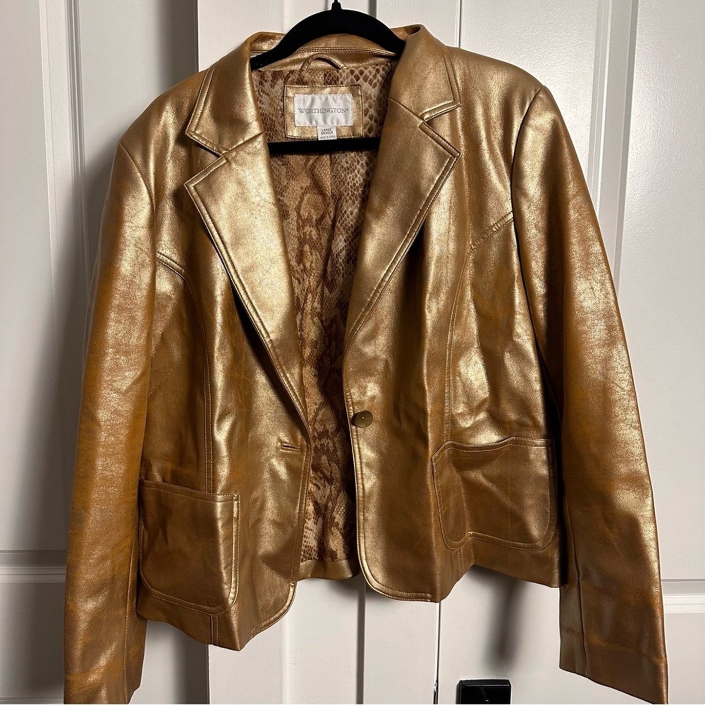 Worthington (L) Y2K Gold Metallic Blazer Jacket - Faux Leather Statement Piece!