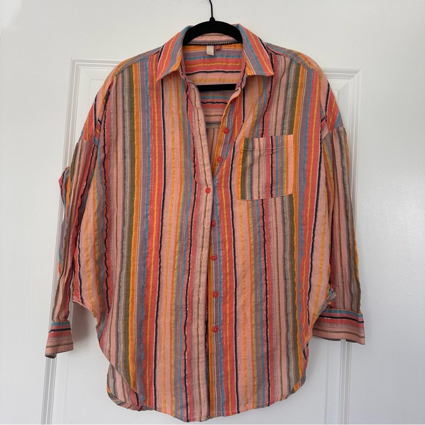 Anthropologie Pilcro Boyfriend Fit Button Up - Multicolor, Striped Metallic XS-S