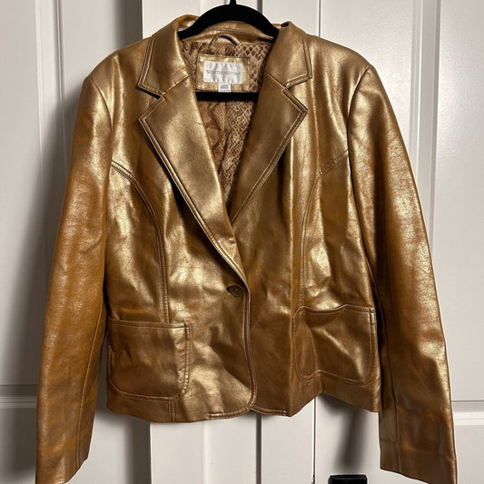 Worthington (L) Y2K Gold Metallic Blazer Jacket - Faux Leather Statement Piece!