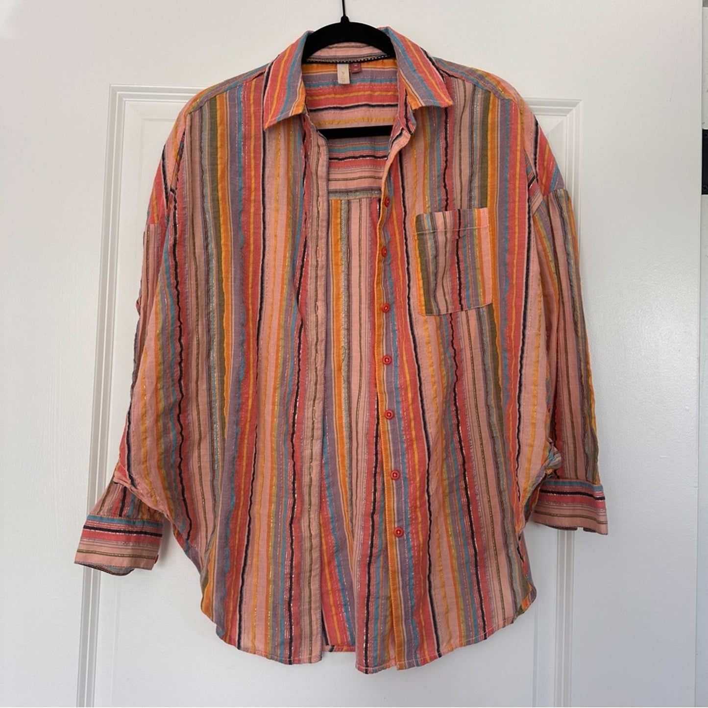 Anthropologie Pilcro Boyfriend Fit Button Up - Multicolor, Striped Metallic XS-S