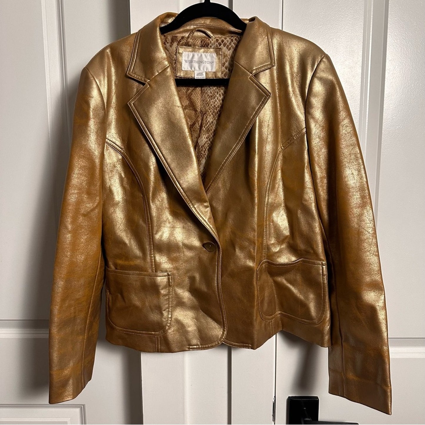 Worthington (L) Y2K Gold Metallic Blazer Jacket - Faux Leather Statement Piece!