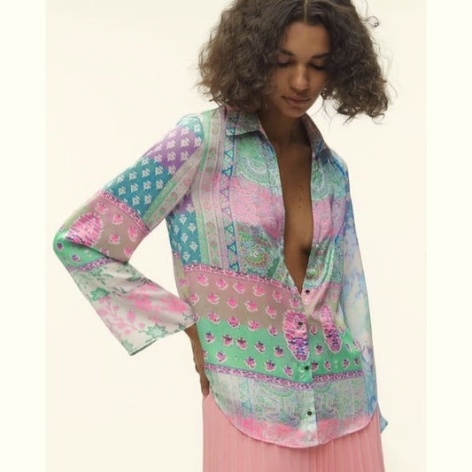 Zara (XXL) Patchwork Button Up Blouse - Pastel, Silk Look, Jewel Tone, Bohemian