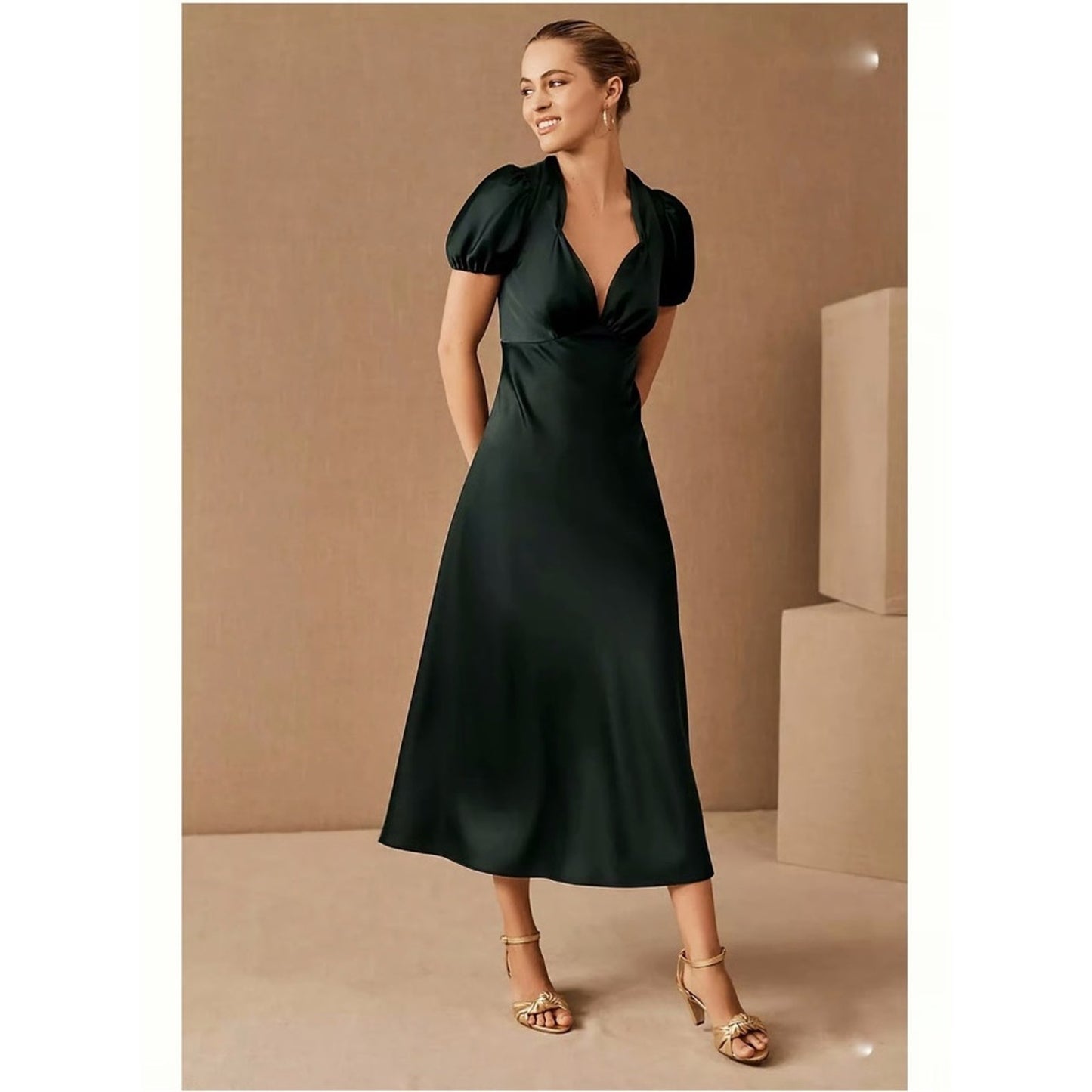 Sachin & Babi (12) “Shelley” Satin Forrest Green Midi Formal Dress- Anthro BHLDN