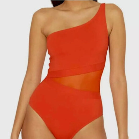 NWT! Bleu: Rod Beattie (14) Orange Asymmetrical One Piece Swimsuit- Mesh Cutout