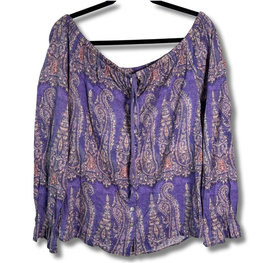 Sundance (S) Off the Shoulder Paisley Purple Bohemian Top with Dolman Sleeves