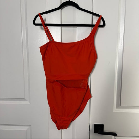NWT! Bleu: Rod Beattie (14) Orange Asymmetrical One Piece Swimsuit- Mesh Cutout
