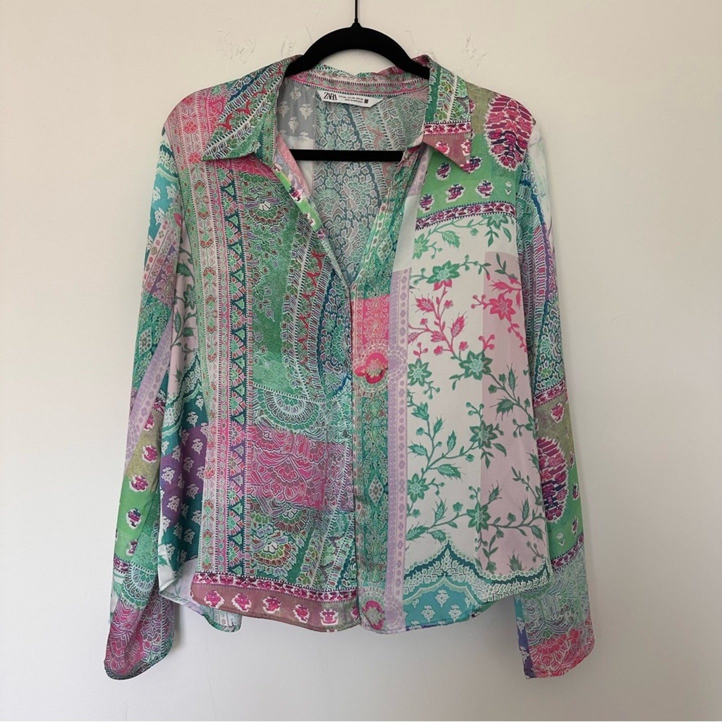 Zara (XXL) Patchwork Button Up Blouse - Pastel, Silk Look, Jewel Tone, Bohemian