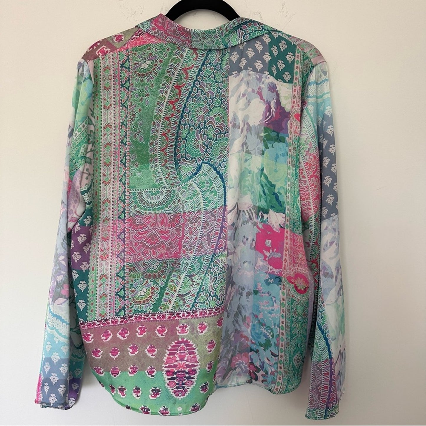 Zara (XXL) Patchwork Button Up Blouse - Pastel, Silk Look, Jewel Tone, Bohemian