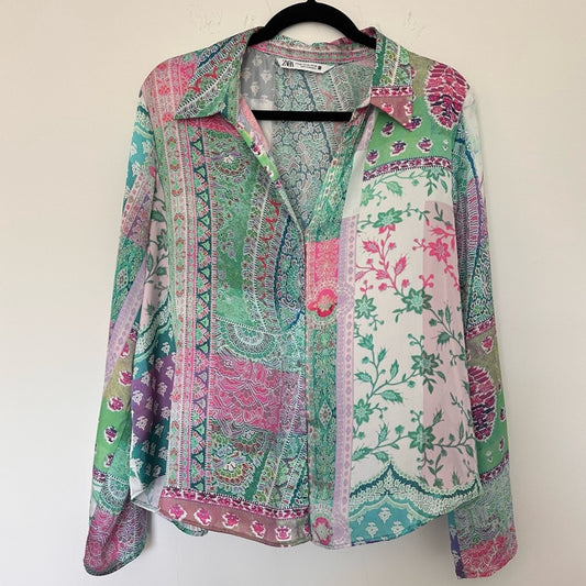 Zara (XXL) Patchwork Button Up Blouse - Pastel, Silk Look, Jewel Tone, Bohemian