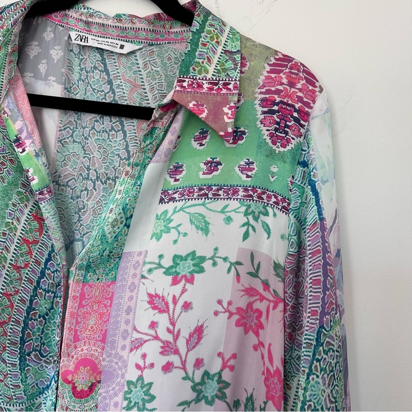 Zara (XXL) Patchwork Button Up Blouse - Pastel, Silk Look, Jewel Tone, Bohemian