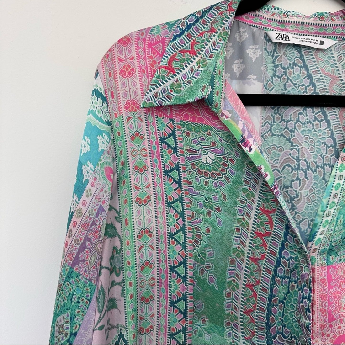 Zara (XXL) Patchwork Button Up Blouse - Pastel, Silk Look, Jewel Tone, Bohemian