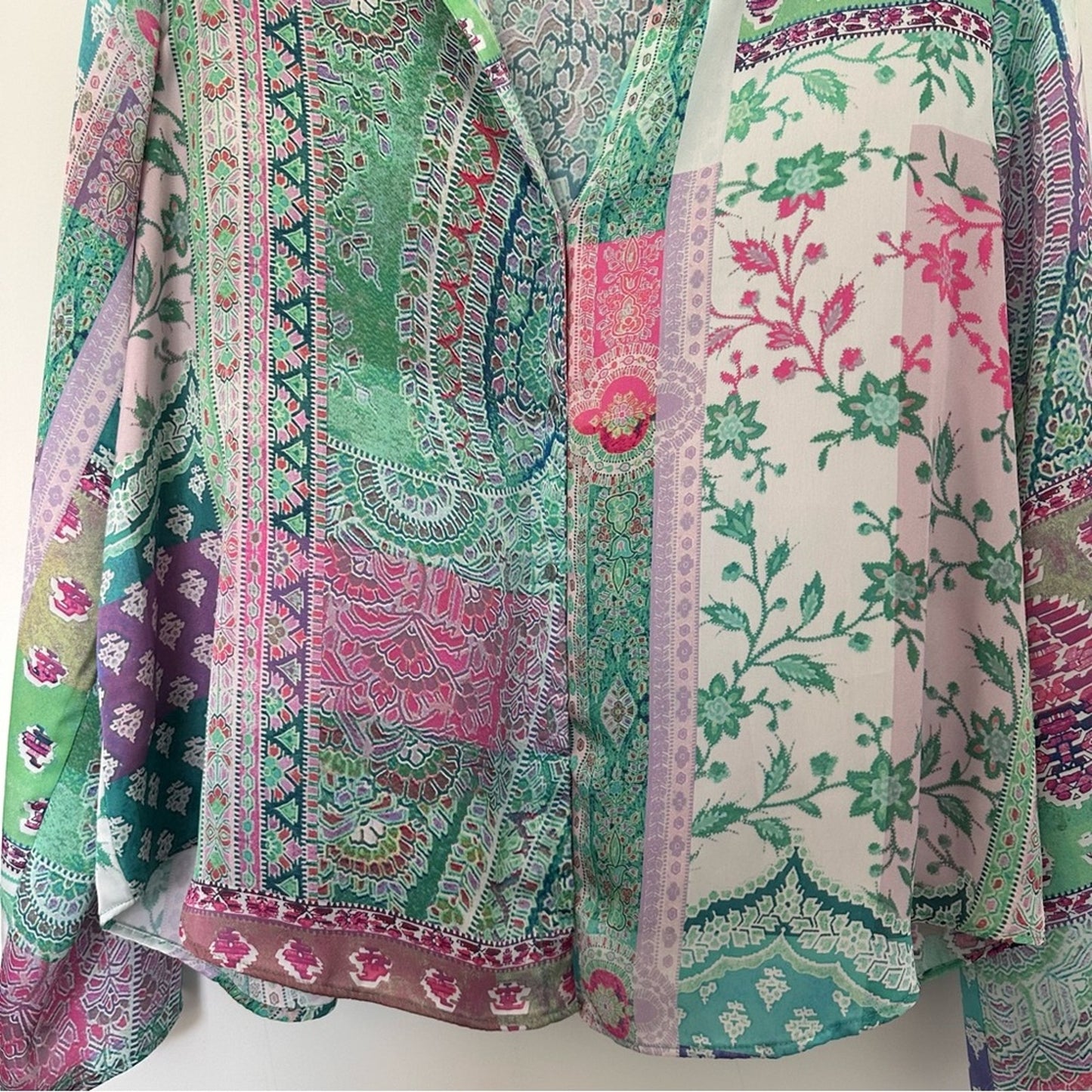 Zara (XXL) Patchwork Button Up Blouse - Pastel, Silk Look, Jewel Tone, Bohemian